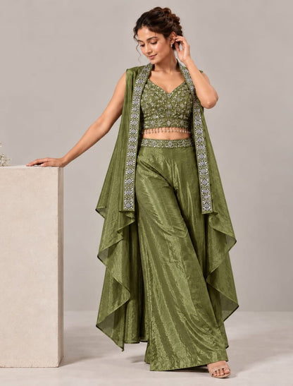 Zari Embellished Crop Top Palazzo Set with Cape Shrug