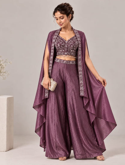 Zari Embellished Crop Top Palazzo Set with Cape Shrug