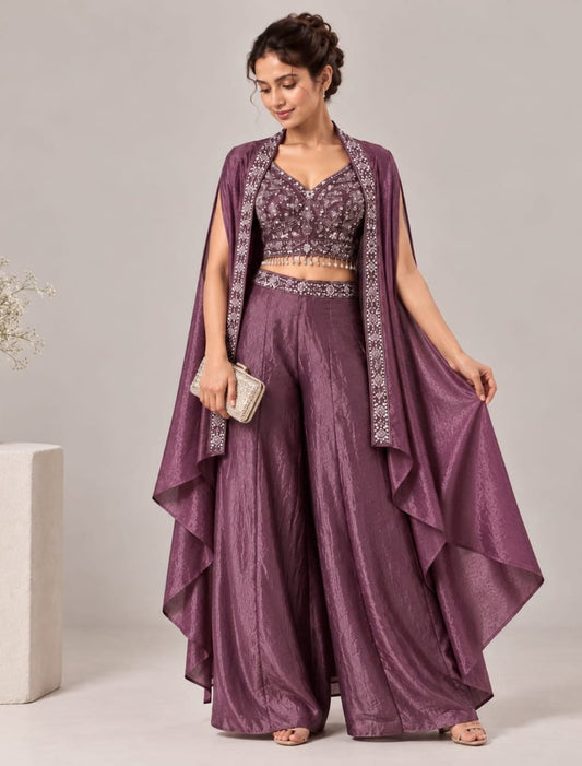 Zari Embellished Crop Top Palazzo Set with Cape Shrug