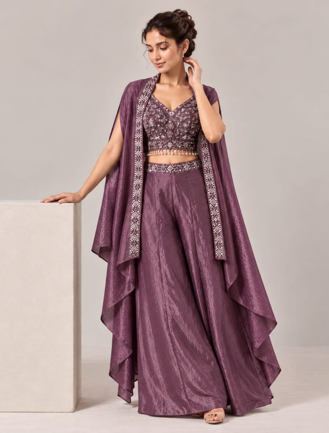 Zari Embellished Crop Top Palazzo Set with Cape Shrug