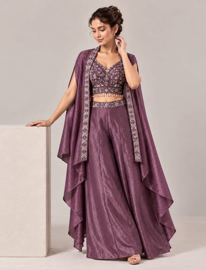 Zari Embellished Crop Top Palazzo Set with Cape Shrug