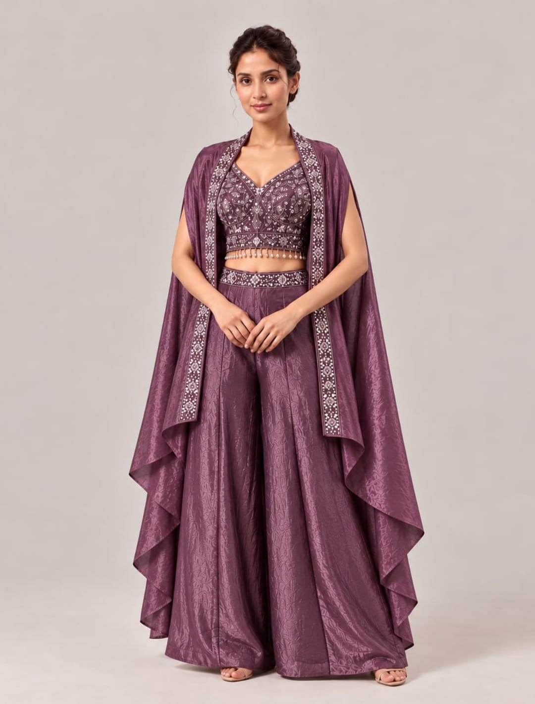 Zari Embellished Crop Top Palazzo Set with Cape Shrug