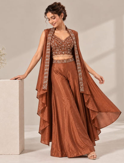 Zari Embellished Crop Top Palazzo Set with Cape Shrug
