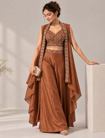 Zari Embellished Crop Top Palazzo Set with Cape Shrug
