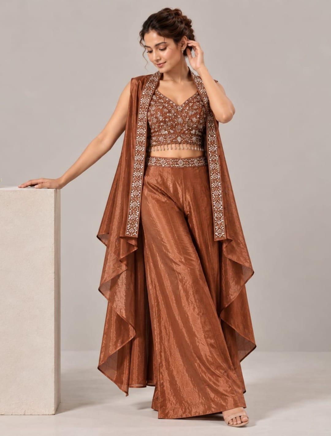 Zari Embellished Crop Top Palazzo Set with Cape Shrug