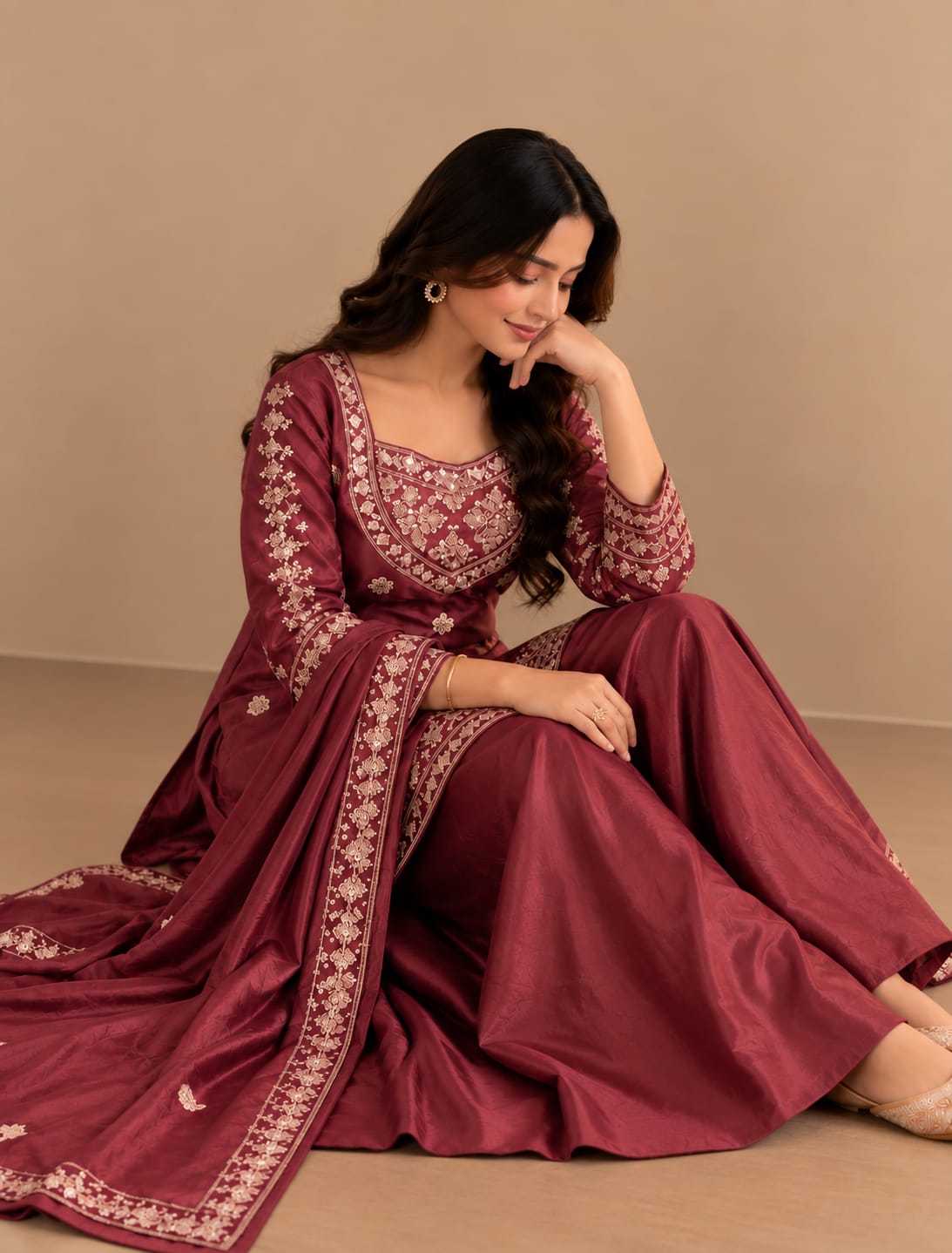 Noor Heritage Embroidered 4-Piece Palazzo Set with Dupatta