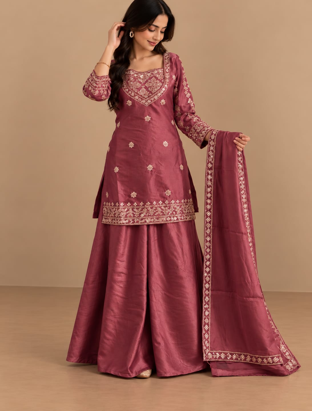 Noor Heritage Embroidered 4-Piece Palazzo Set with Dupatta