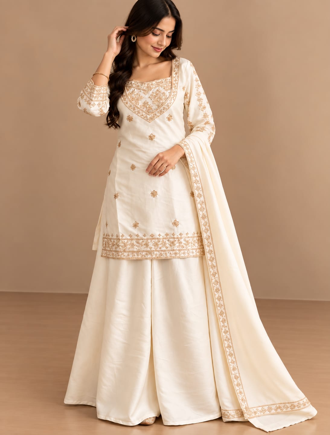 Noor Heritage Embroidered 4-Piece Palazzo Set with Dupatta