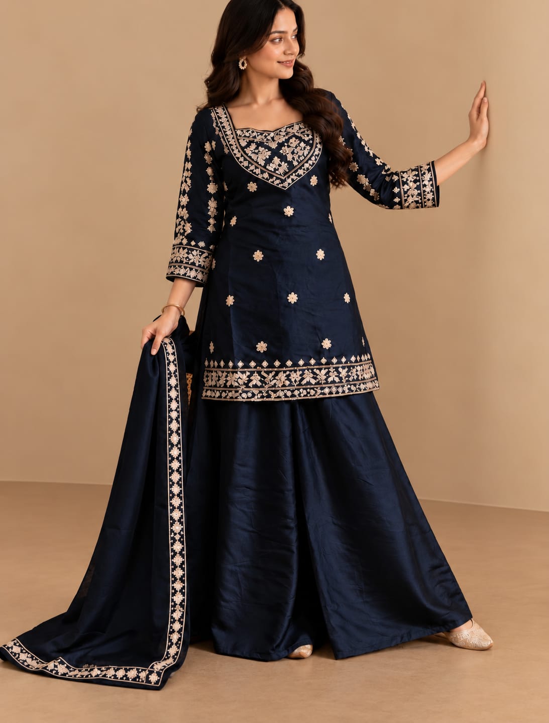 Noor Heritage Embroidered 4-Piece Palazzo Set with Dupatta