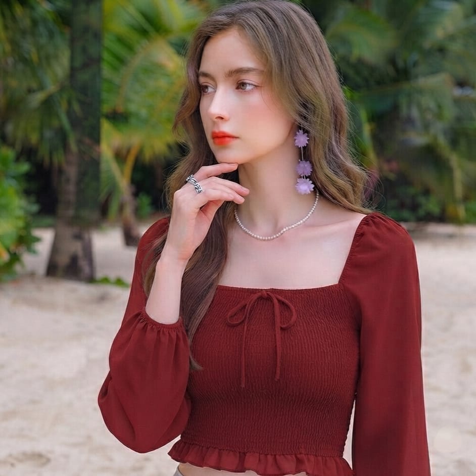 Elegant Square Neck Puff Sleeve Crop Top