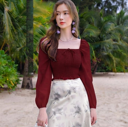 Elegant Square Neck Puff Sleeve Crop Top
