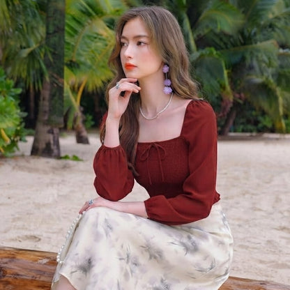 Elegant Square Neck Puff Sleeve Crop Top