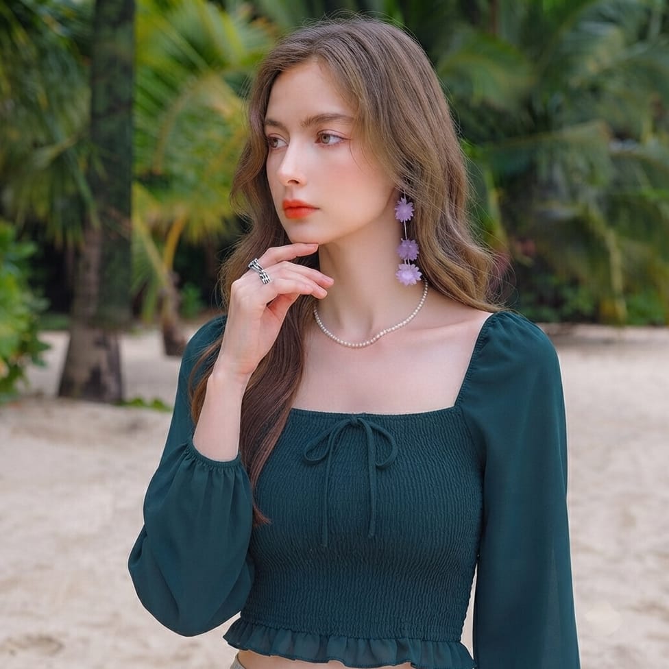 Elegant Square Neck Puff Sleeve Crop Top