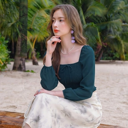 Elegant Square Neck Puff Sleeve Crop Top