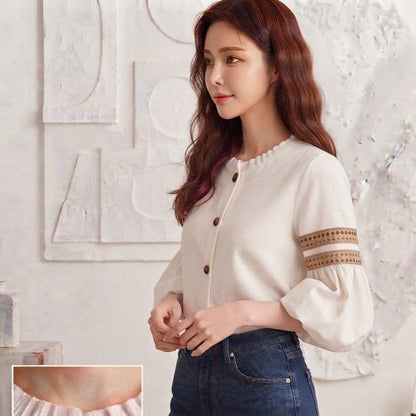 Premium Cotton Button-Front Balloon Sleeve Top