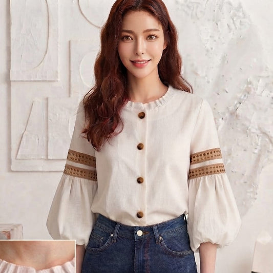 Premium Cotton Button-Front Balloon Sleeve Top