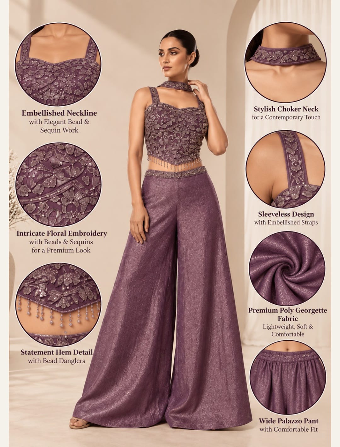 Embellished Crop Top Palazzo Set with Choker Drape