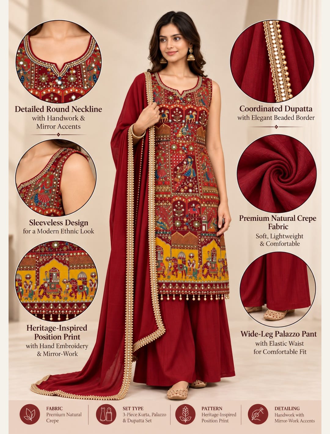 Premium Heritage Print Handwork Kurta Palazzo Set with Dupatta