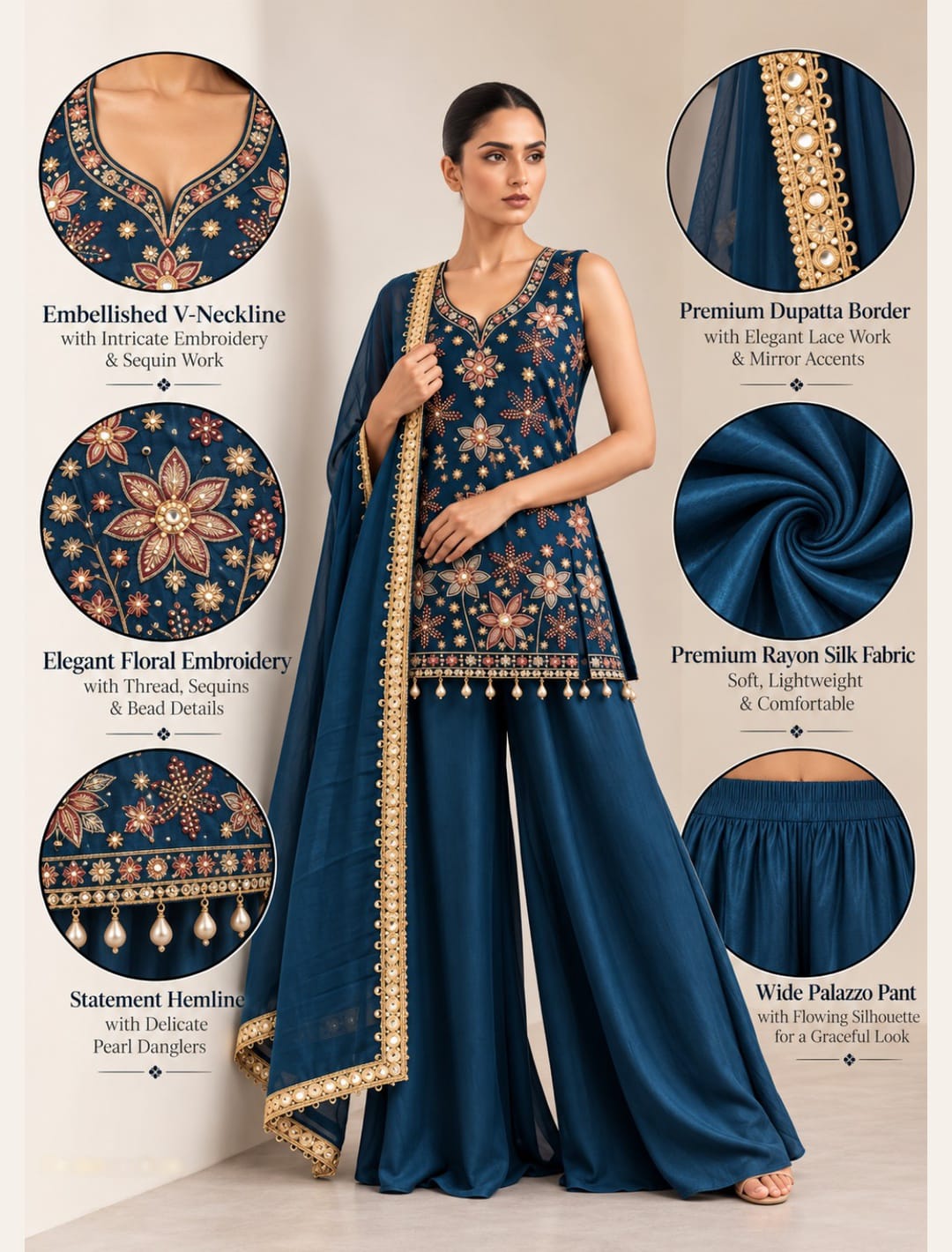 Floral Embroidered A-Line Kurti Palazzo Set