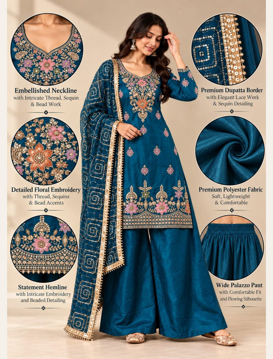 Premium Threadwork Kurta Palazzo Set with Dupatta