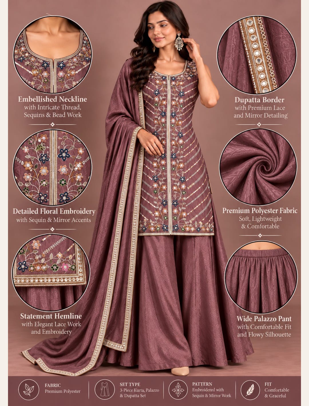 Premium Embroidered Kurta with Flared Palazzo & Dupatta