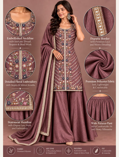 Premium Embroidered Kurta with Flared Palazzo & Dupatta