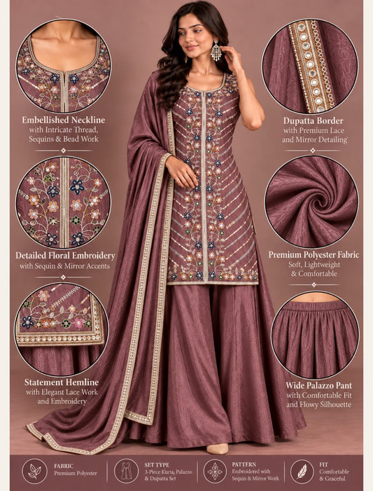 Premium Embroidered Kurta with Flared Palazzo & Dupatta
