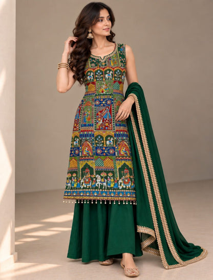 Premium Heritage Print Handwork Kurta Palazzo Set with Dupatta