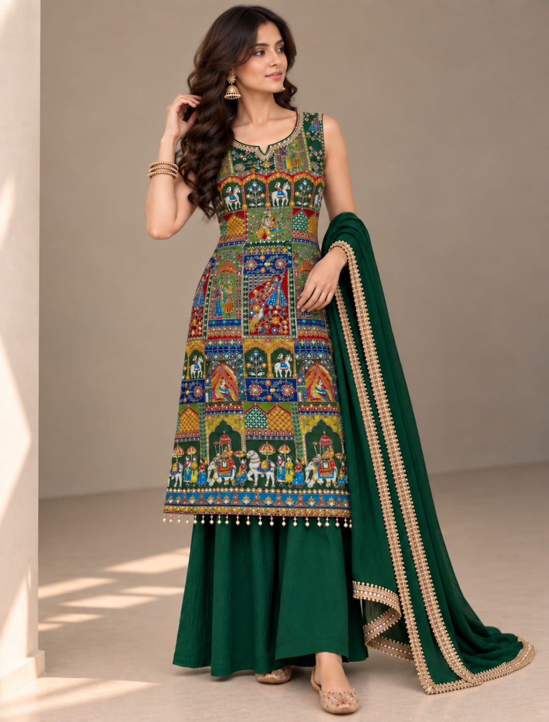 Premium Heritage Print Handwork Kurta Palazzo Set with Dupatta
