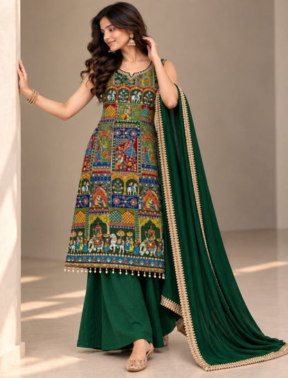 Premium Heritage Print Handwork Kurta Palazzo Set with Dupatta