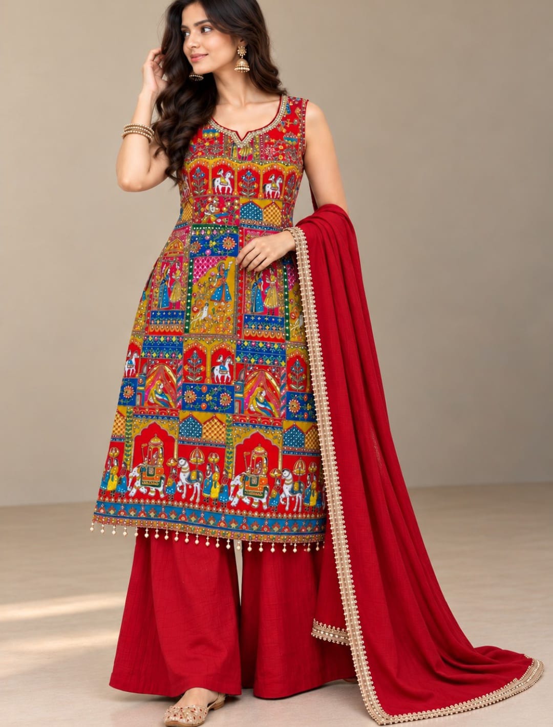 Premium Heritage Print Handwork Kurta Palazzo Set with Dupatta