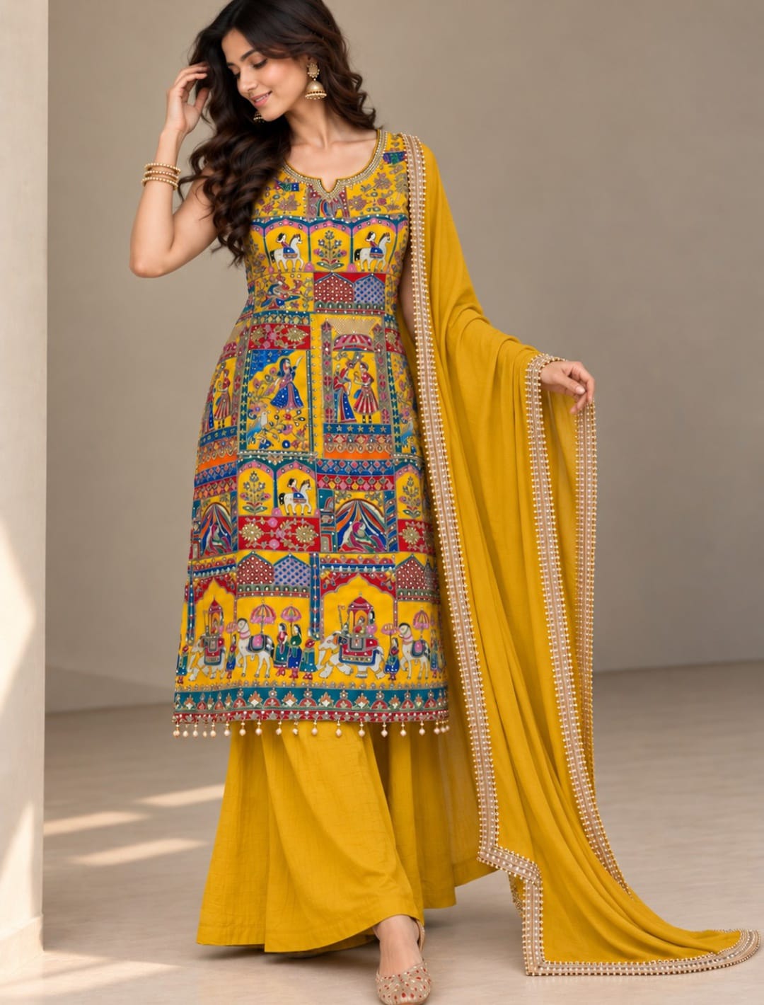 Premium Heritage Print Handwork Kurta Palazzo Set with Dupatta