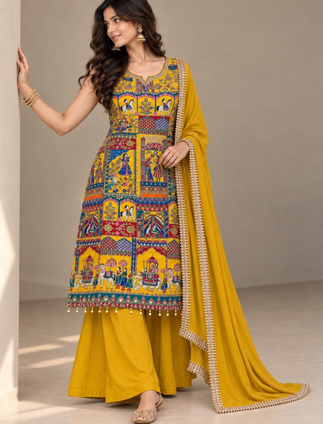 Premium Heritage Print Handwork Kurta Palazzo Set with Dupatta