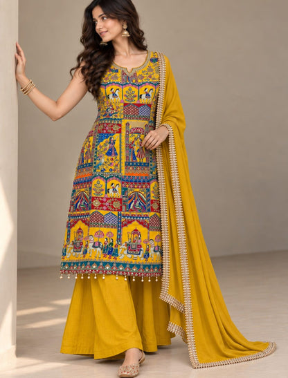 Premium Heritage Print Handwork Kurta Palazzo Set with Dupatta