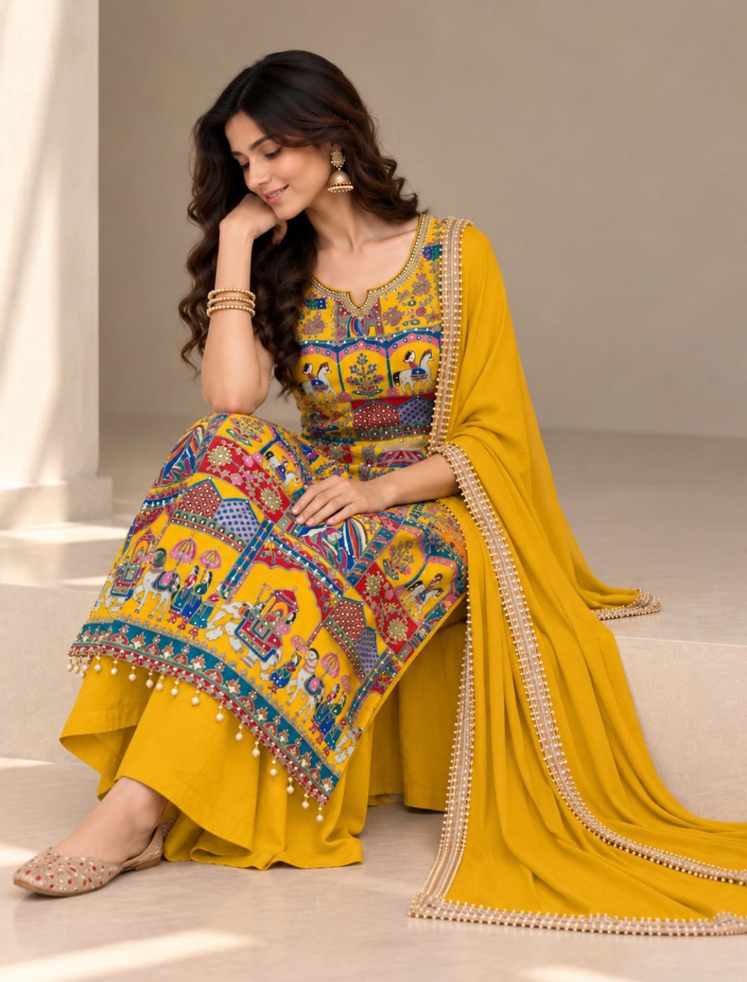 Premium Heritage Print Handwork Kurta Palazzo Set with Dupatta