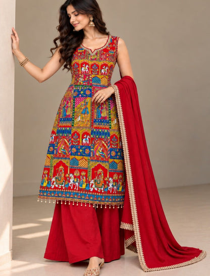 Premium Heritage Print Handwork Kurta Palazzo Set with Dupatta