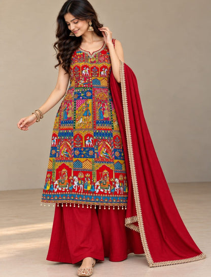 Premium Heritage Print Handwork Kurta Palazzo Set with Dupatta
