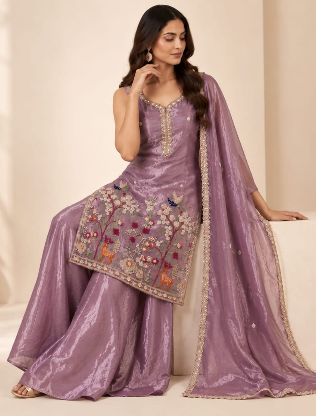 Floral Embroidered Kurta Palazzo Set with Dupatta