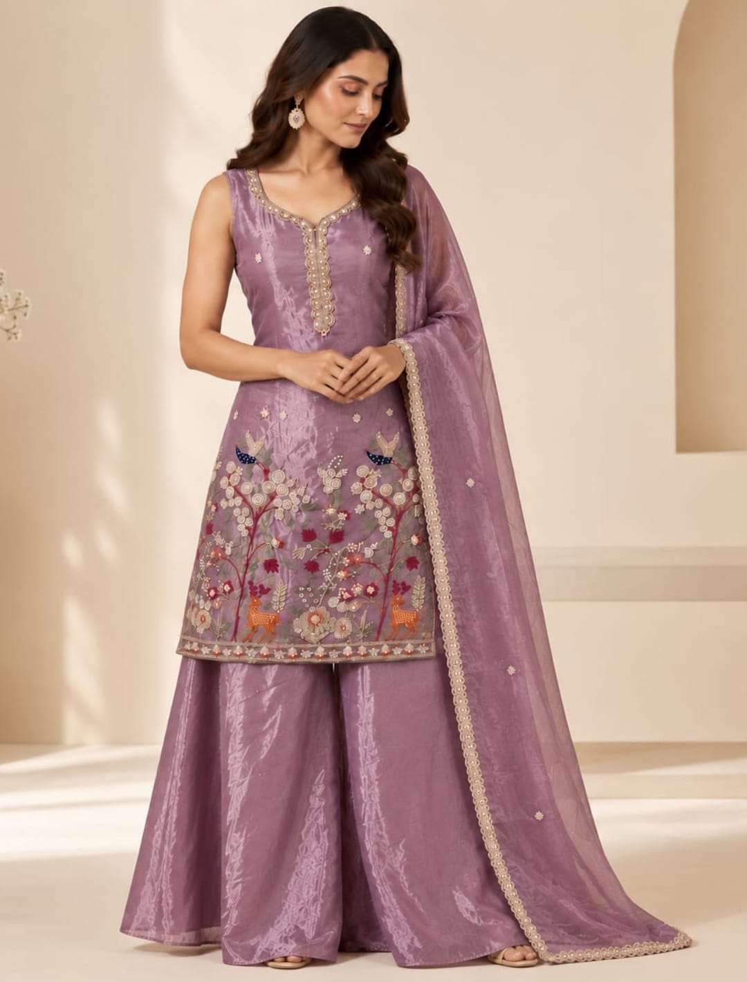 Floral Embroidered Kurta Palazzo Set with Dupatta