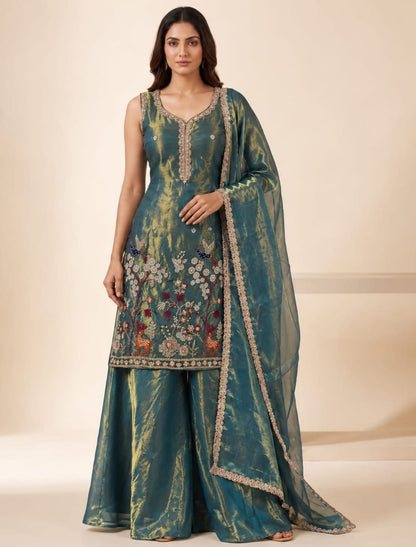Floral Embroidered Kurta Palazzo Set with Dupatta