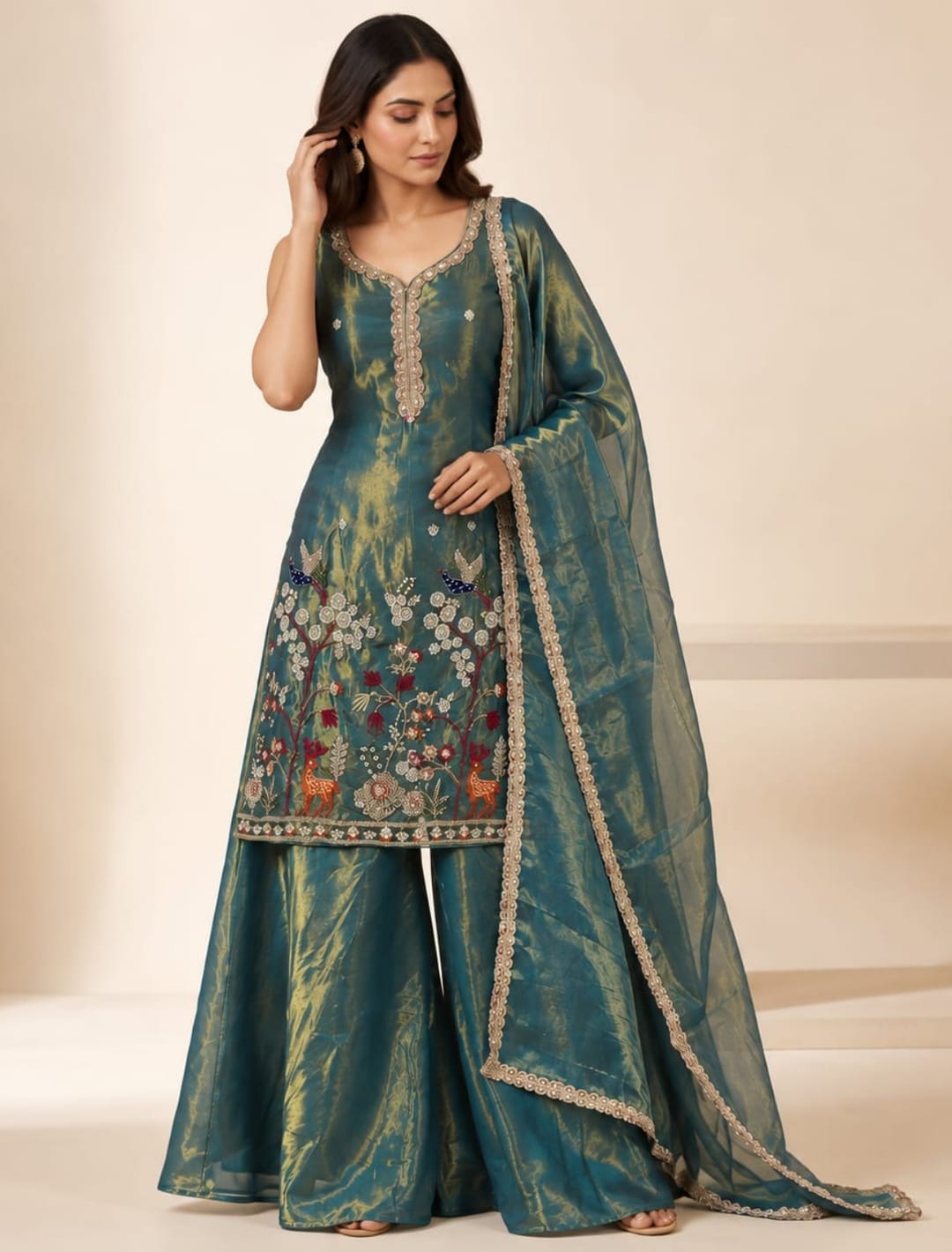Floral Embroidered Kurta Palazzo Set with Dupatta