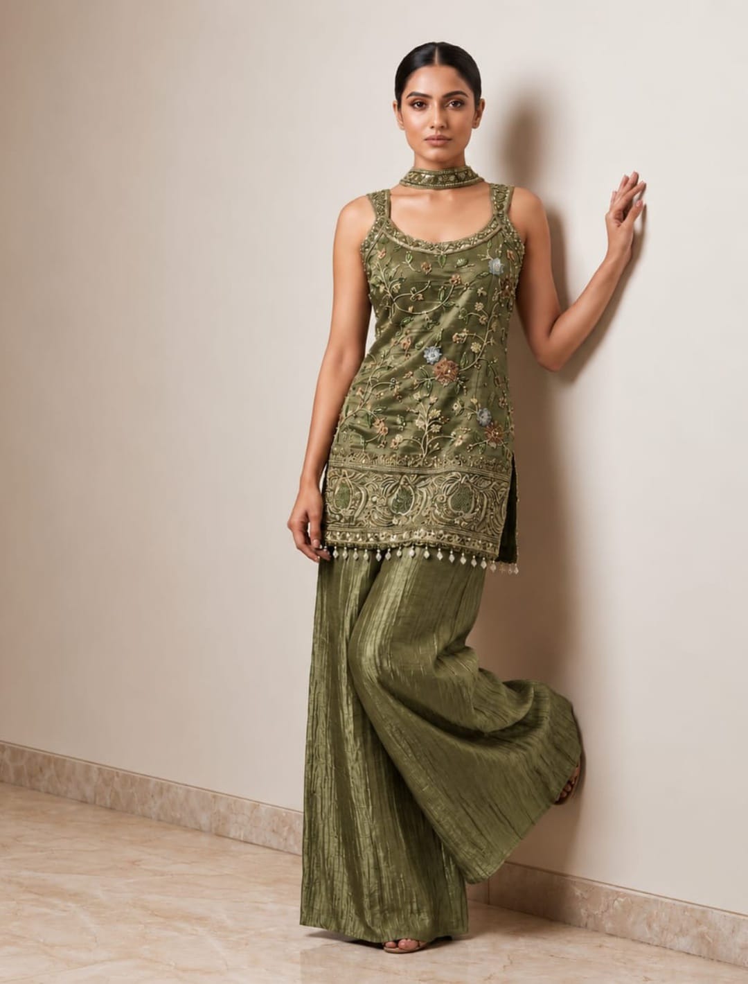 Floral Embroidered Kurti Palazzo Set with Choker Chunni ✨