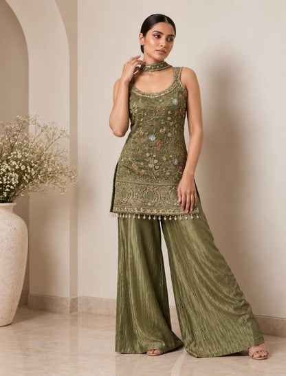 Floral Embroidered Kurti Palazzo Set with Choker Chunni ✨