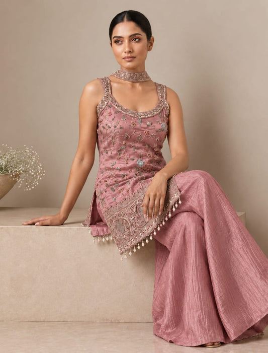 Floral Embroidered Kurti Palazzo Set with Choker Chunni ✨