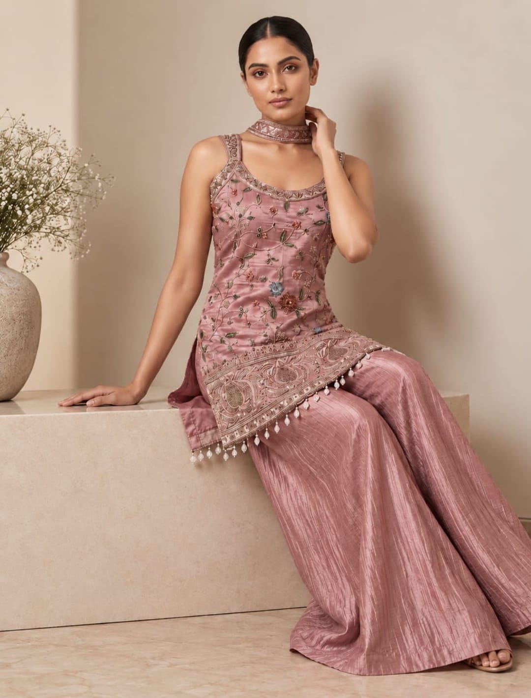 Floral Embroidered Kurti Palazzo Set with Choker Chunni ✨