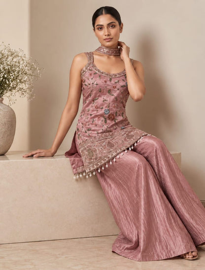Floral Embroidered Kurti Palazzo Set with Choker Chunni ✨