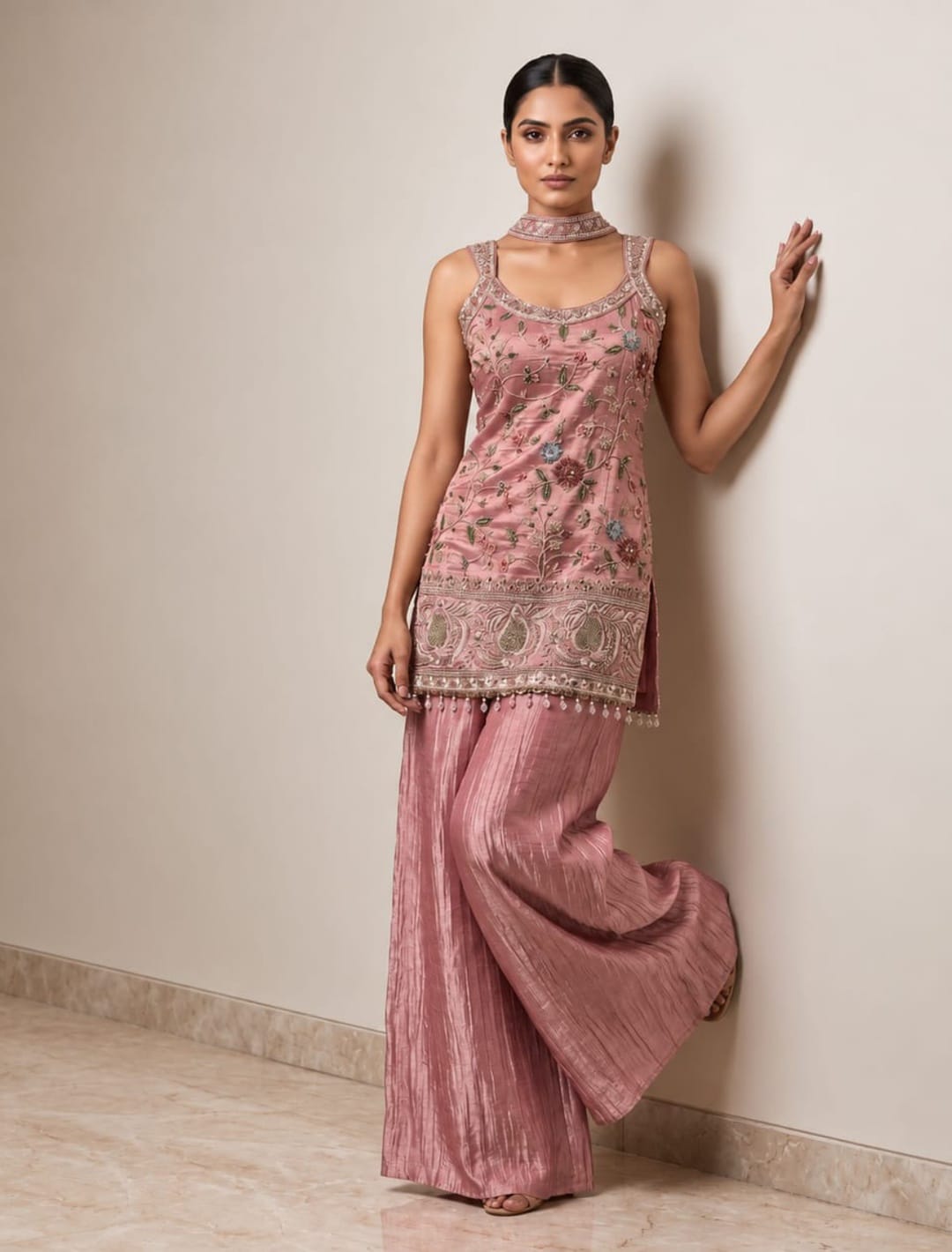 Floral Embroidered Kurti Palazzo Set with Choker Chunni ✨