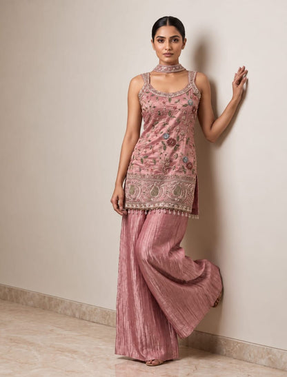 Floral Embroidered Kurti Palazzo Set with Choker Chunni ✨