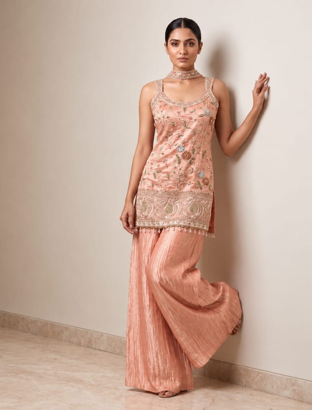 Floral Embroidered Kurti Palazzo Set with Choker Chunni ✨