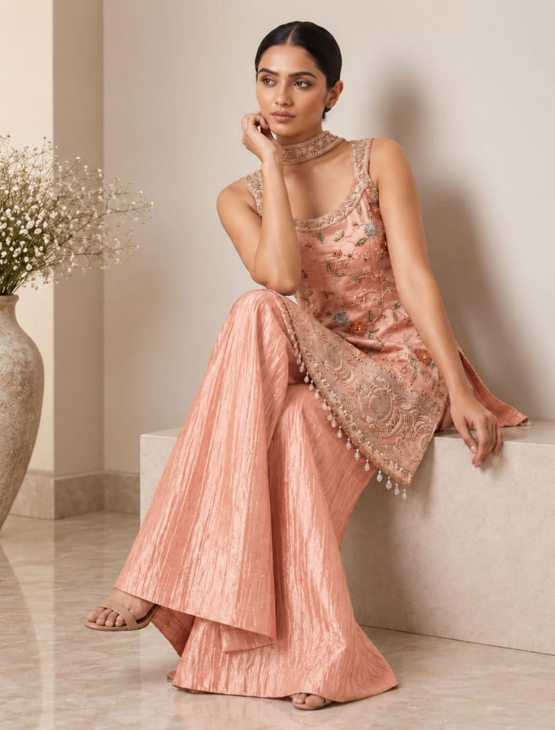 Floral Embroidered Kurti Palazzo Set with Choker Chunni ✨
